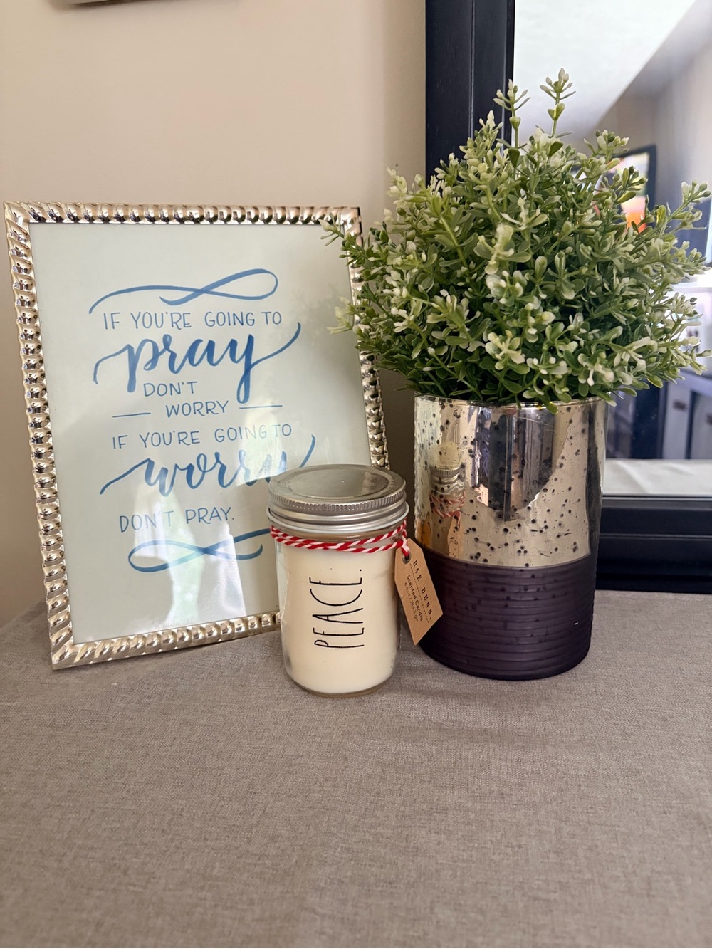 Rae Dunn Cream “PEACE” Mason Jar Candle with Red Twine